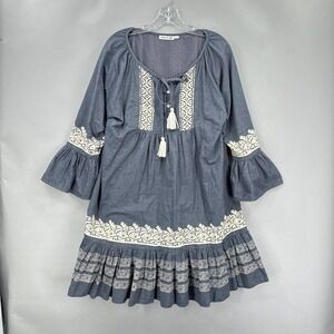 Roller Rabbit Dress Womens Large Peasant Tassel Embroidered Flowy Boho BLue